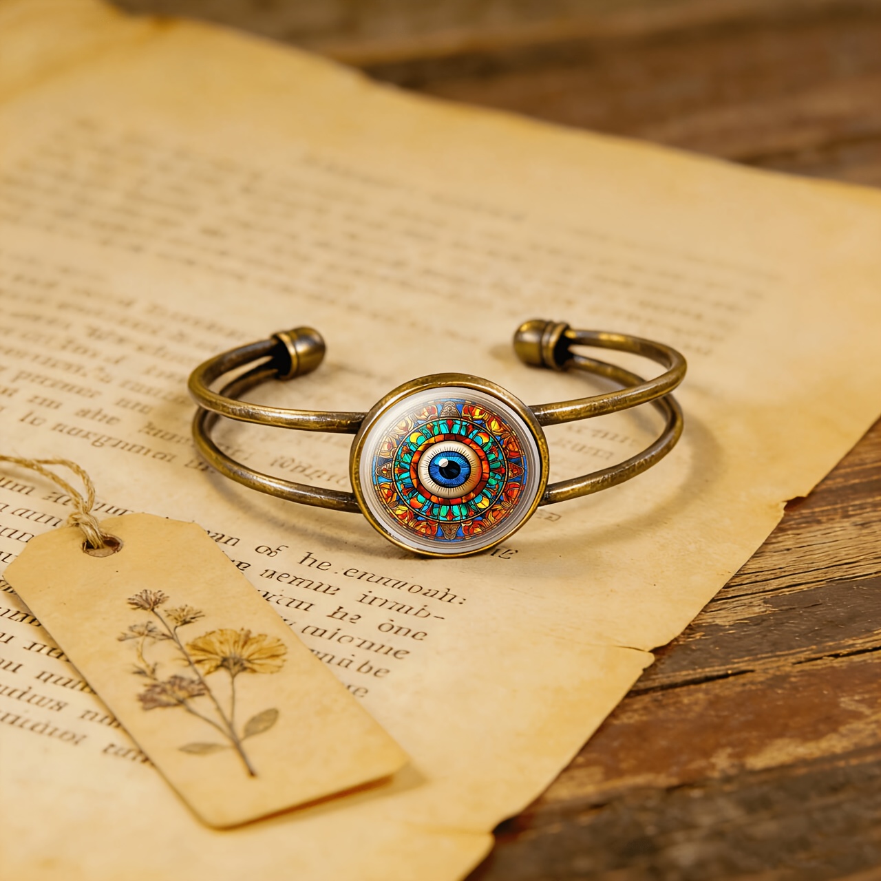 Antique Cyan Double-Layer Adjustable Bracelet with Blue Eye Design